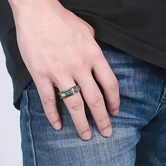 Tungsten Steel Carbide & Abalone Carbon Inlay Design statement Ring - Picture 7 of 7